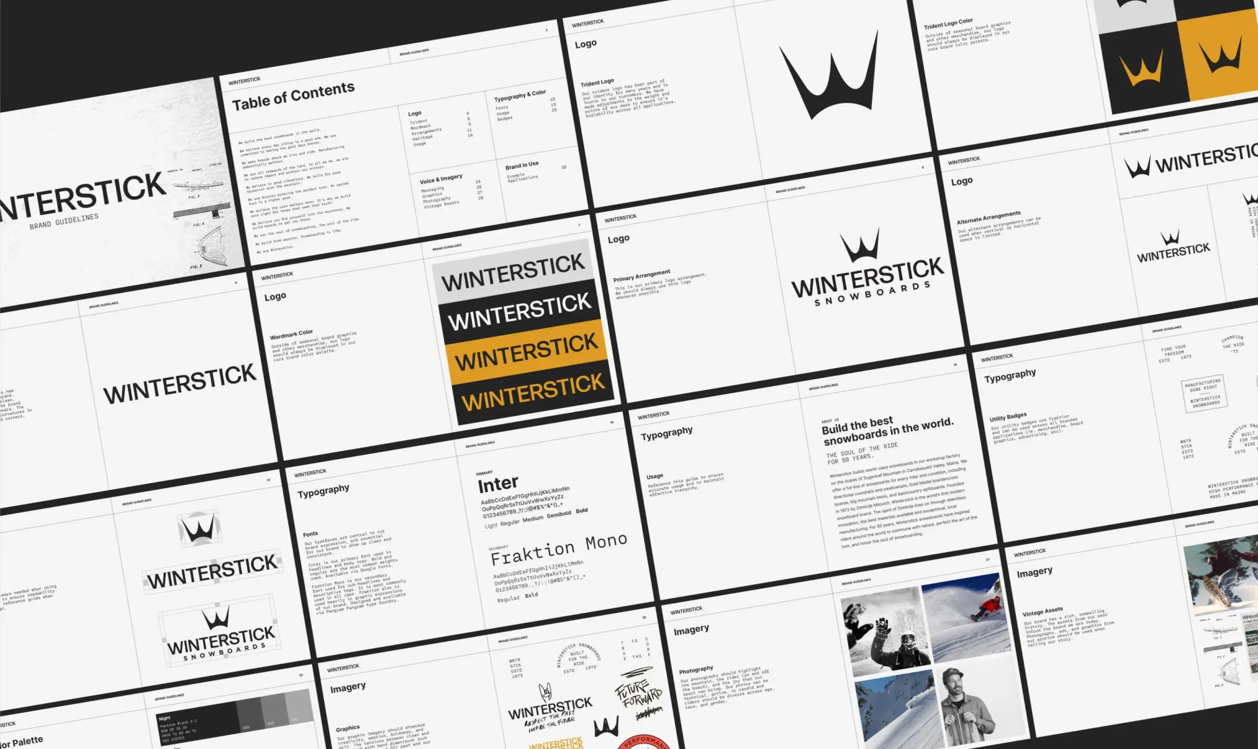 Winterstick brand guidelines, featuring logo designs, typography, and snowboard advertising insights for snowsports marketing