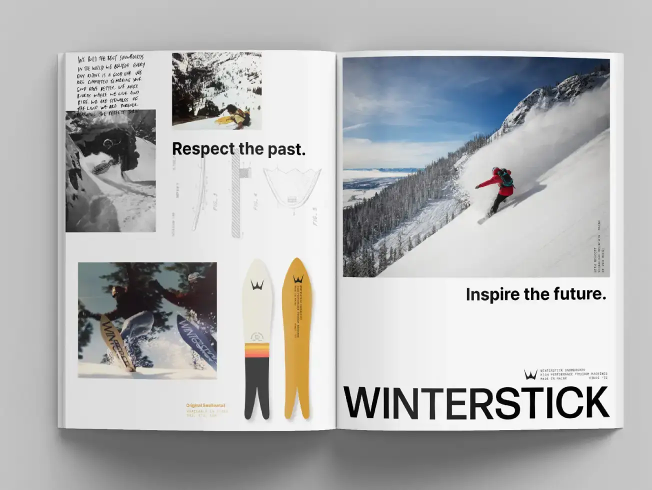 Winterstick print ad featuring custom snowboard designs and mountain landscapes, blending snowboard advertising with snowsports marketing