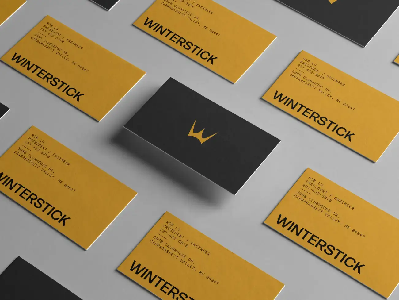 Winterstick branded business cards showcasing a sleek design for outdoor branding and snowboard advertising
