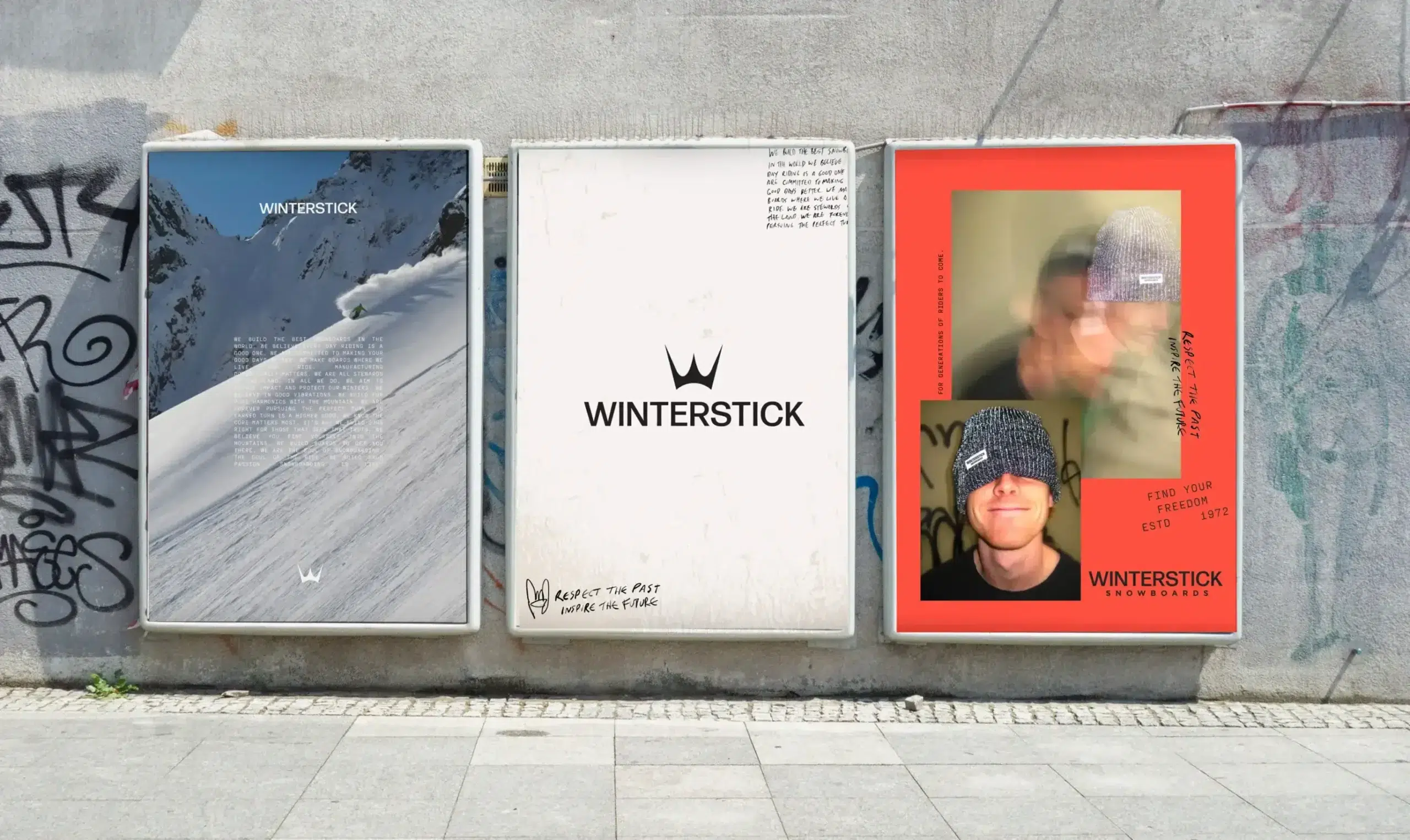 Winterstick poster campaign with mountain visuals and modern branding, combining snowboard advertising and outdoor marketing