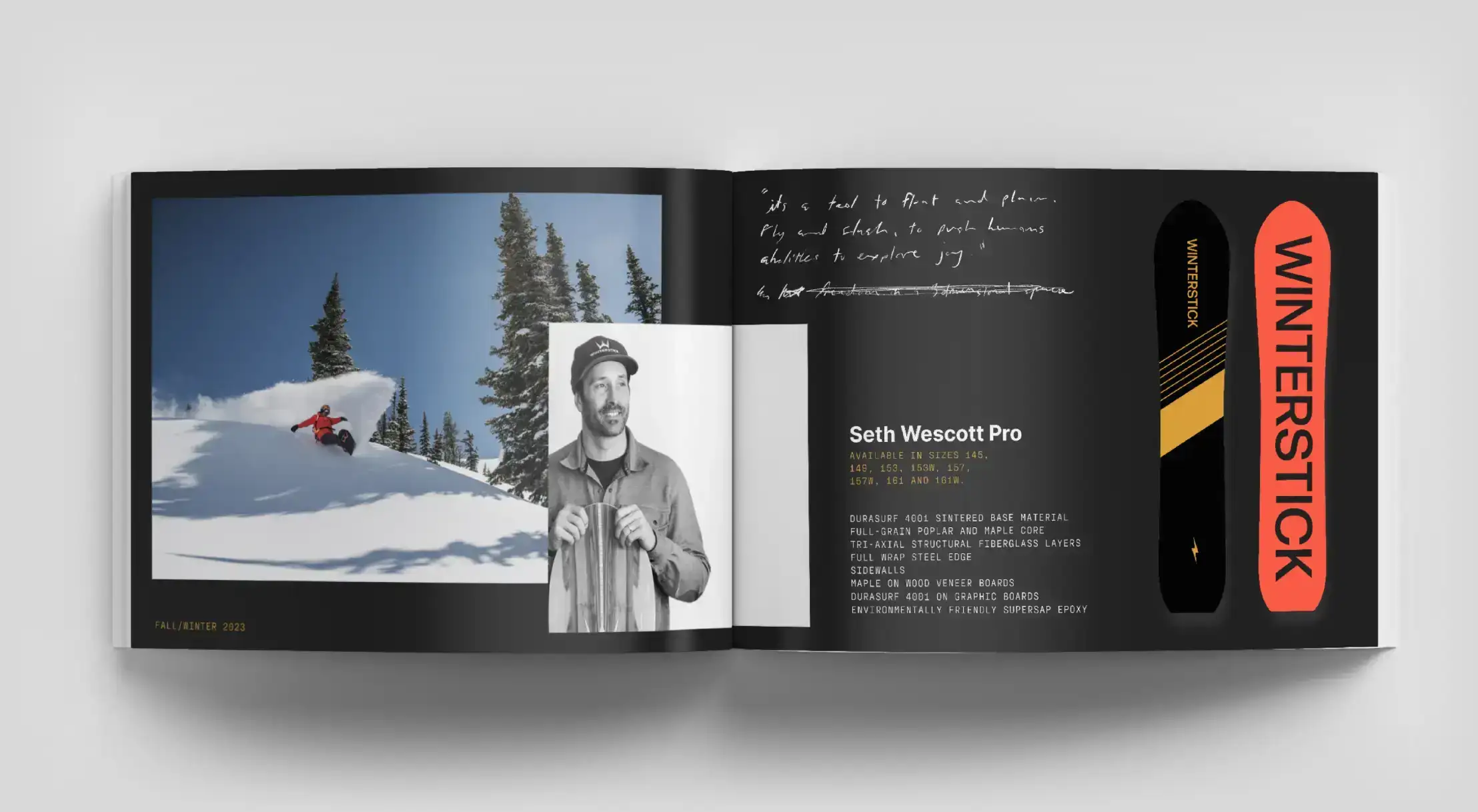 Winterstick product catalog featuring Seth Wescott Pro snowboard with high-performance details, reflecting snowboard advertising and branding