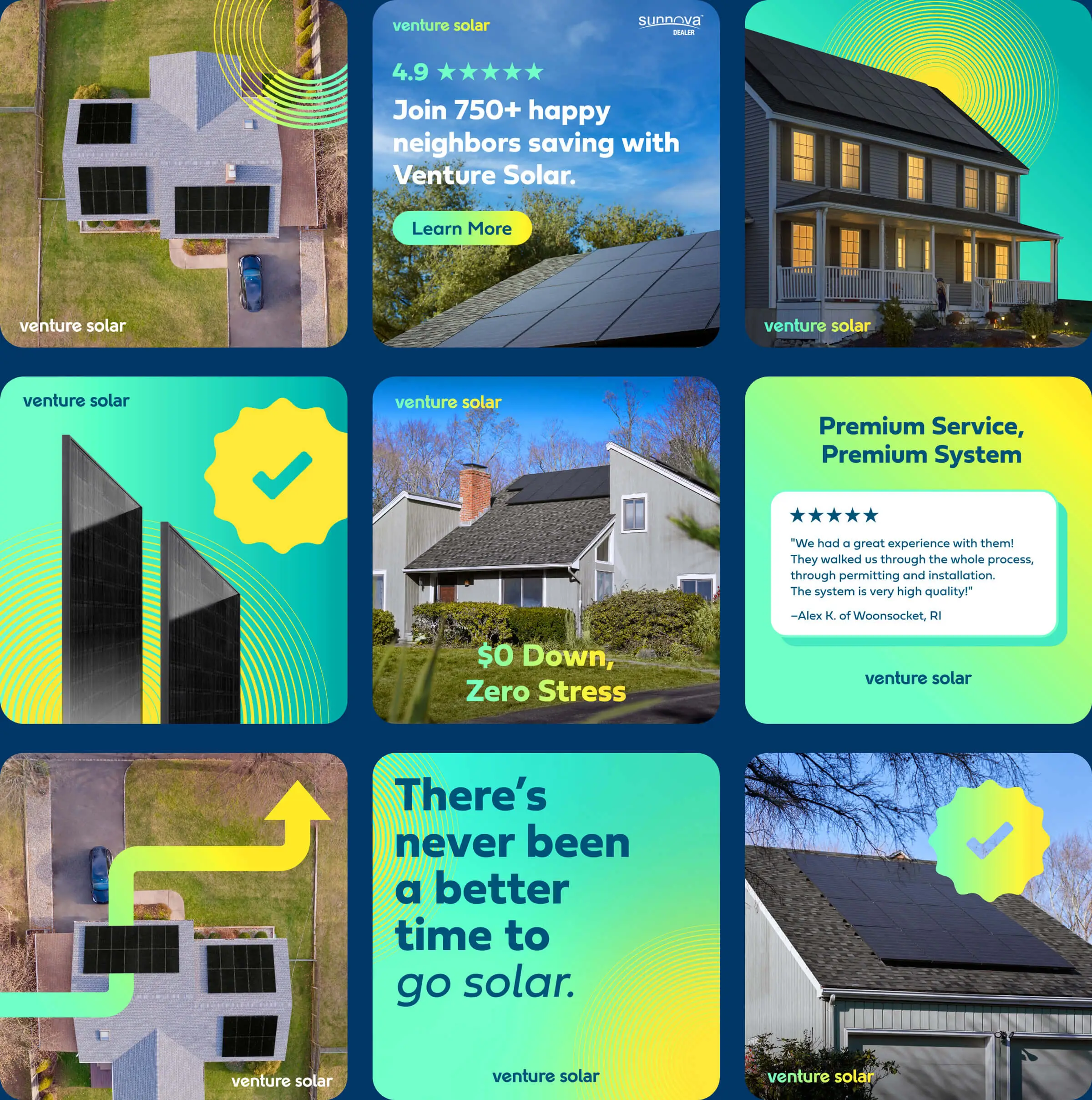 Venture Solar social media tiles promoting zero-stress solar installation, happy customers, and energy savings