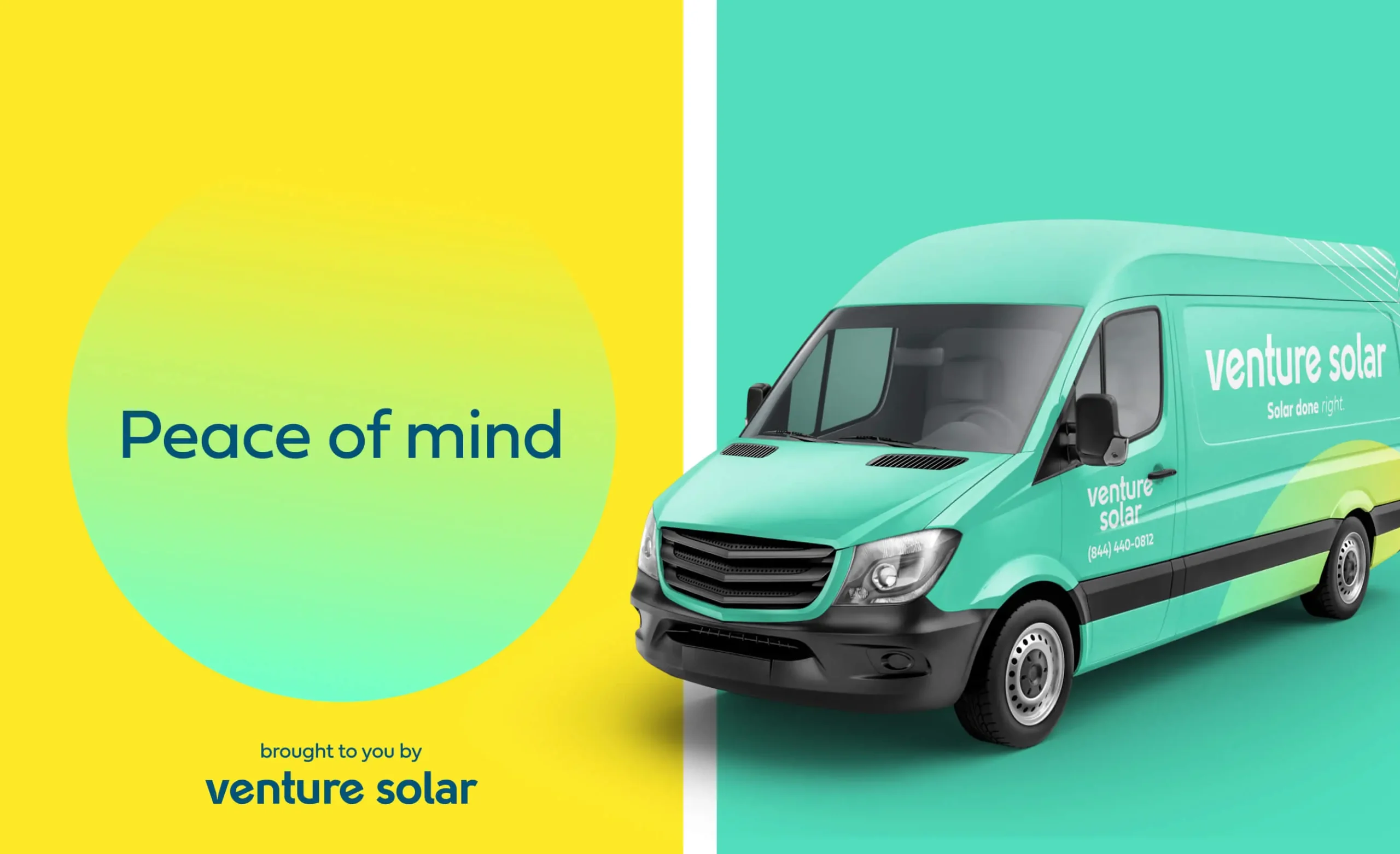 Branded Venture Solar van wrap with a tagline 'Peace of Mind,' showcasing professional design by a solar marketing agency