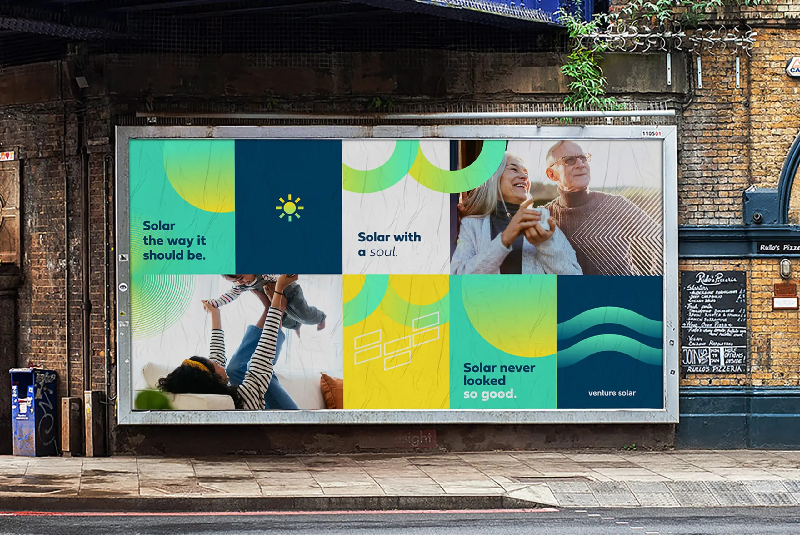 Eye-catching Venture Solar billboard with bold colors and the tagline 'Solar with a soul,' created by a solar branding agency