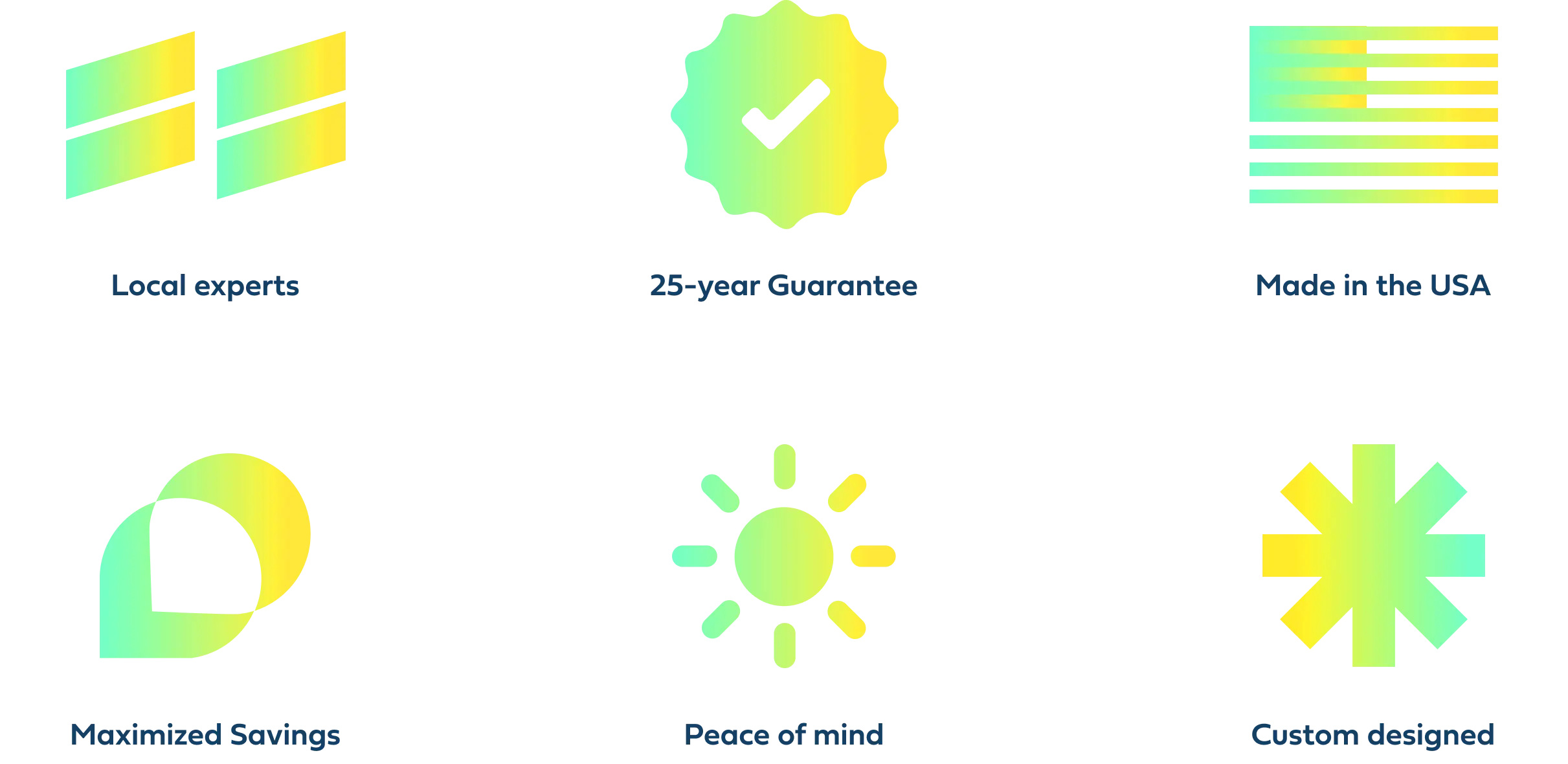 Custom-designed icons for Venture Solar, highlighting benefits like local experts, 25-year guarantee, and maximized savings