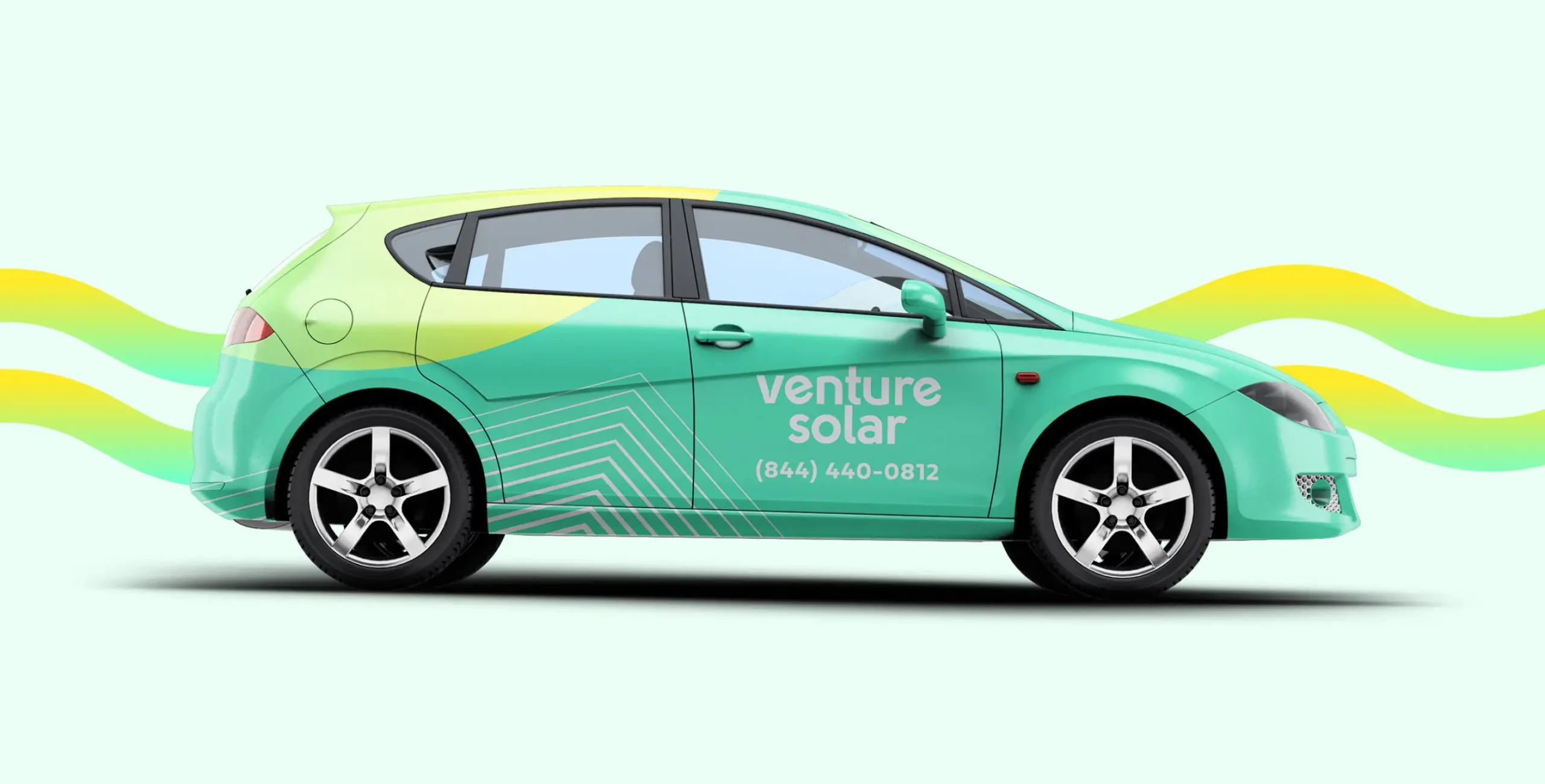Green Venture Solar car wrap featuring the company logo and contact details, designed by a renewable energy branding agency