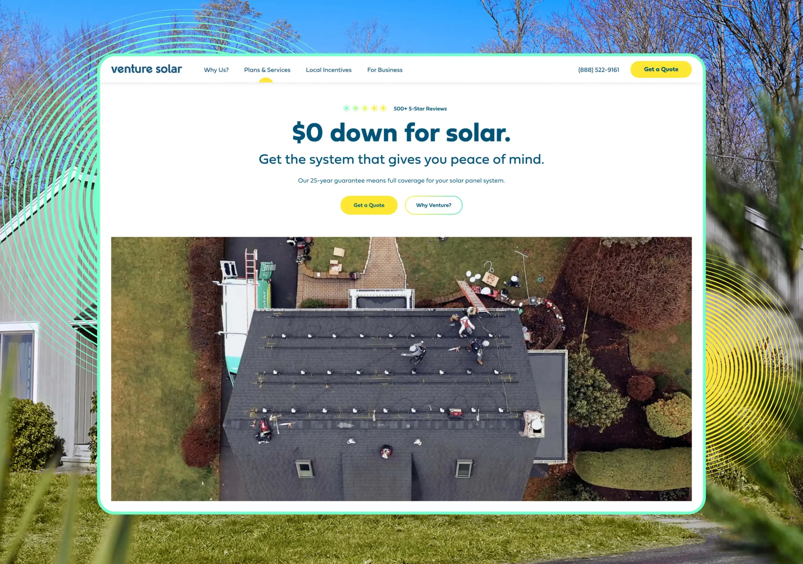 Venture Solar homepage highlighting a 'Zero Down for Solar' offer, designed by a solar marketing agency to drive leads