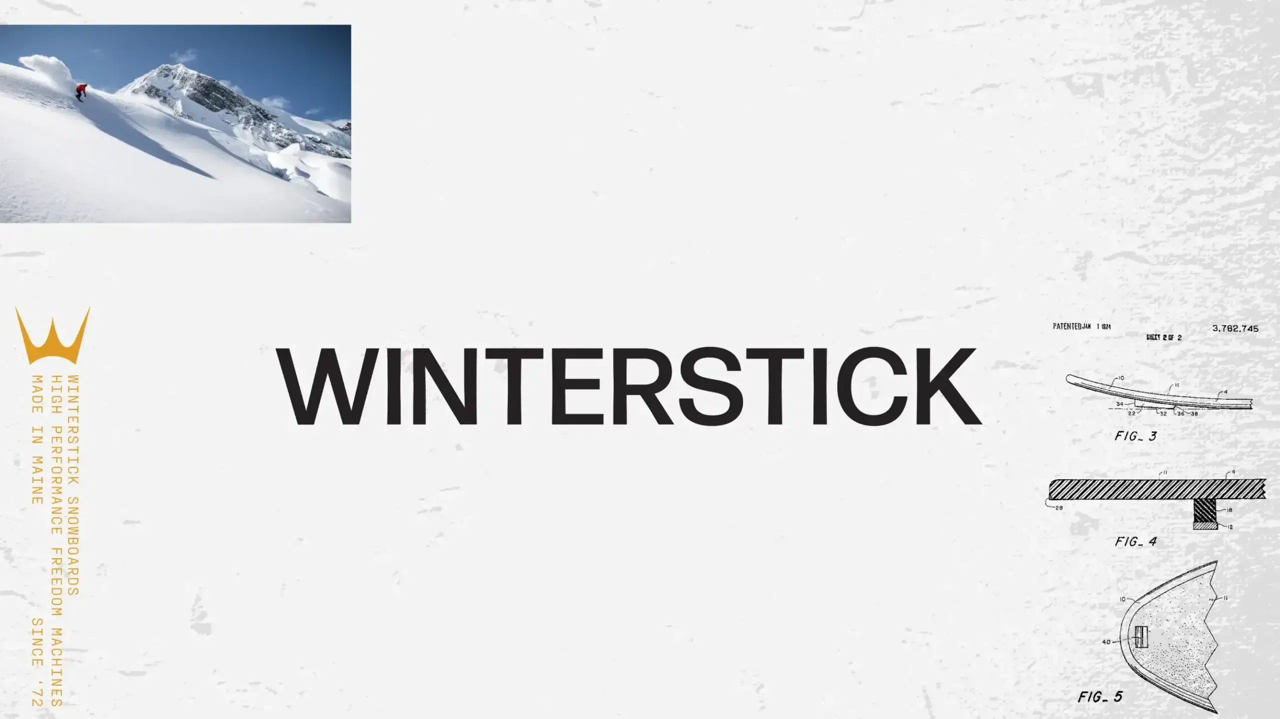 Winterstick snowboards branding with mountain backdrop, showcasing snowsports marketing and outdoor branding