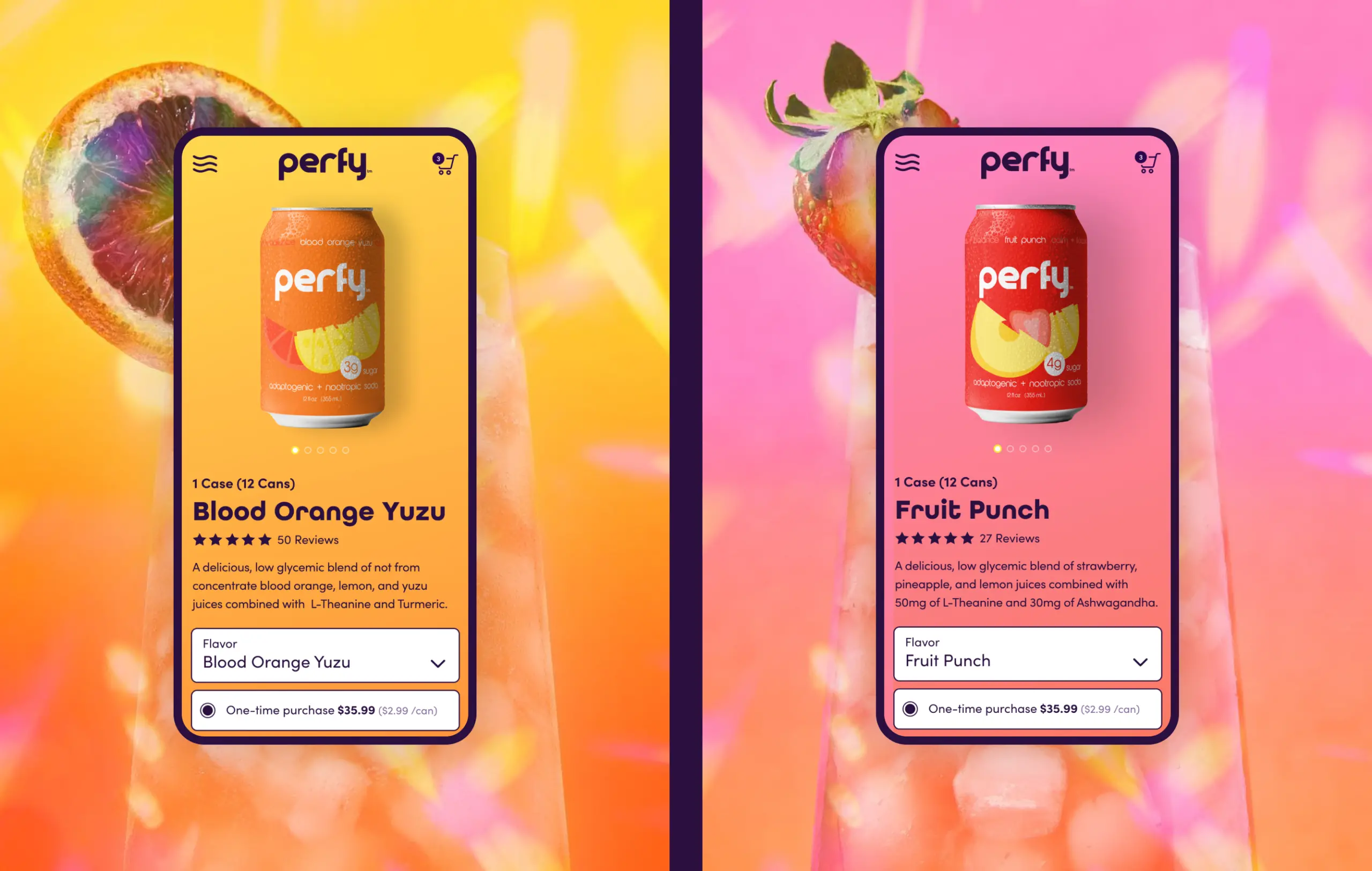 Views of Perfy's product detail page mobile UI designs