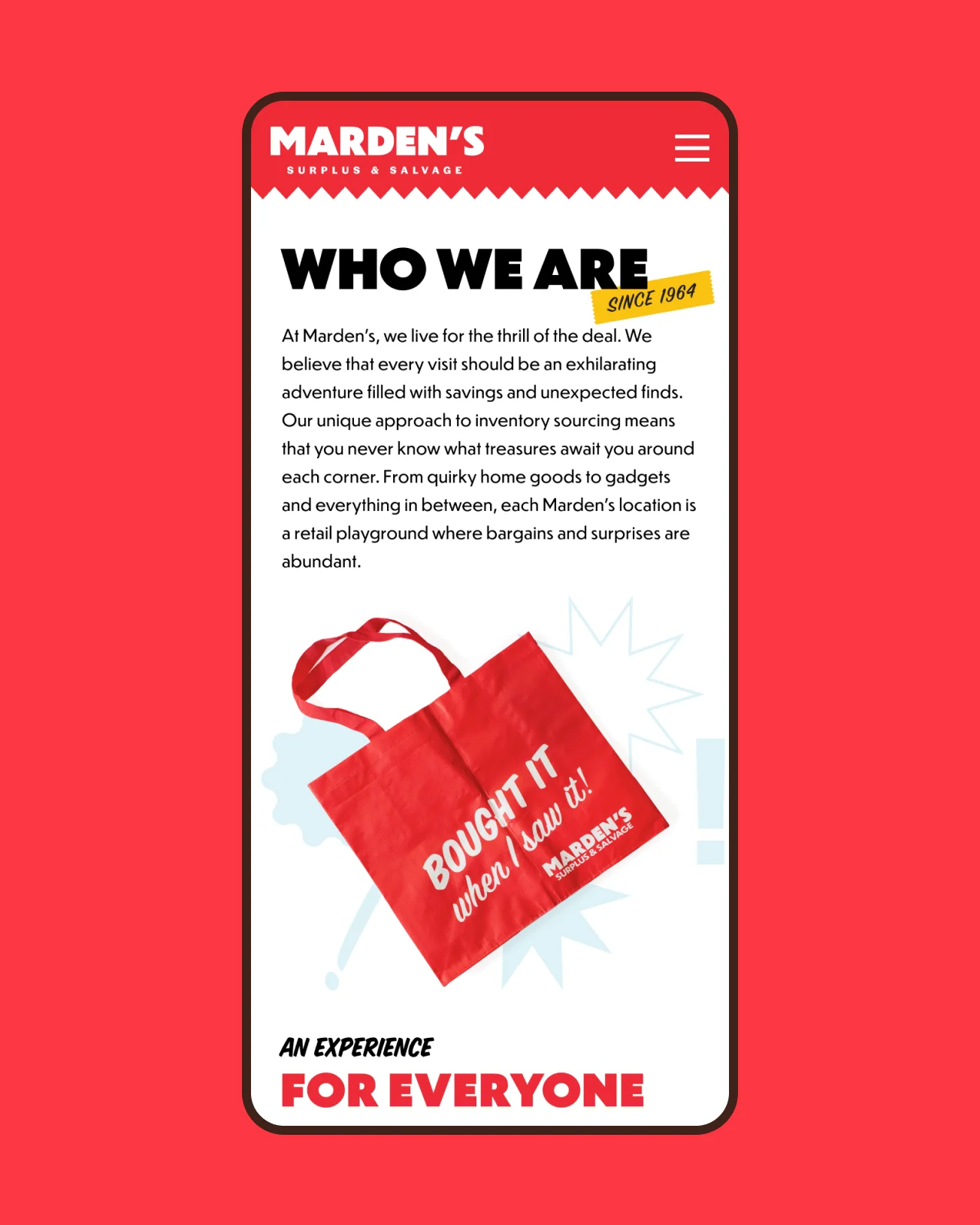Marden’s ‘Who We Are’ page featuring a red tote bag with ‘Bought It When I Saw It’ branding, emphasizing quirky retail marketing by a Maine agency