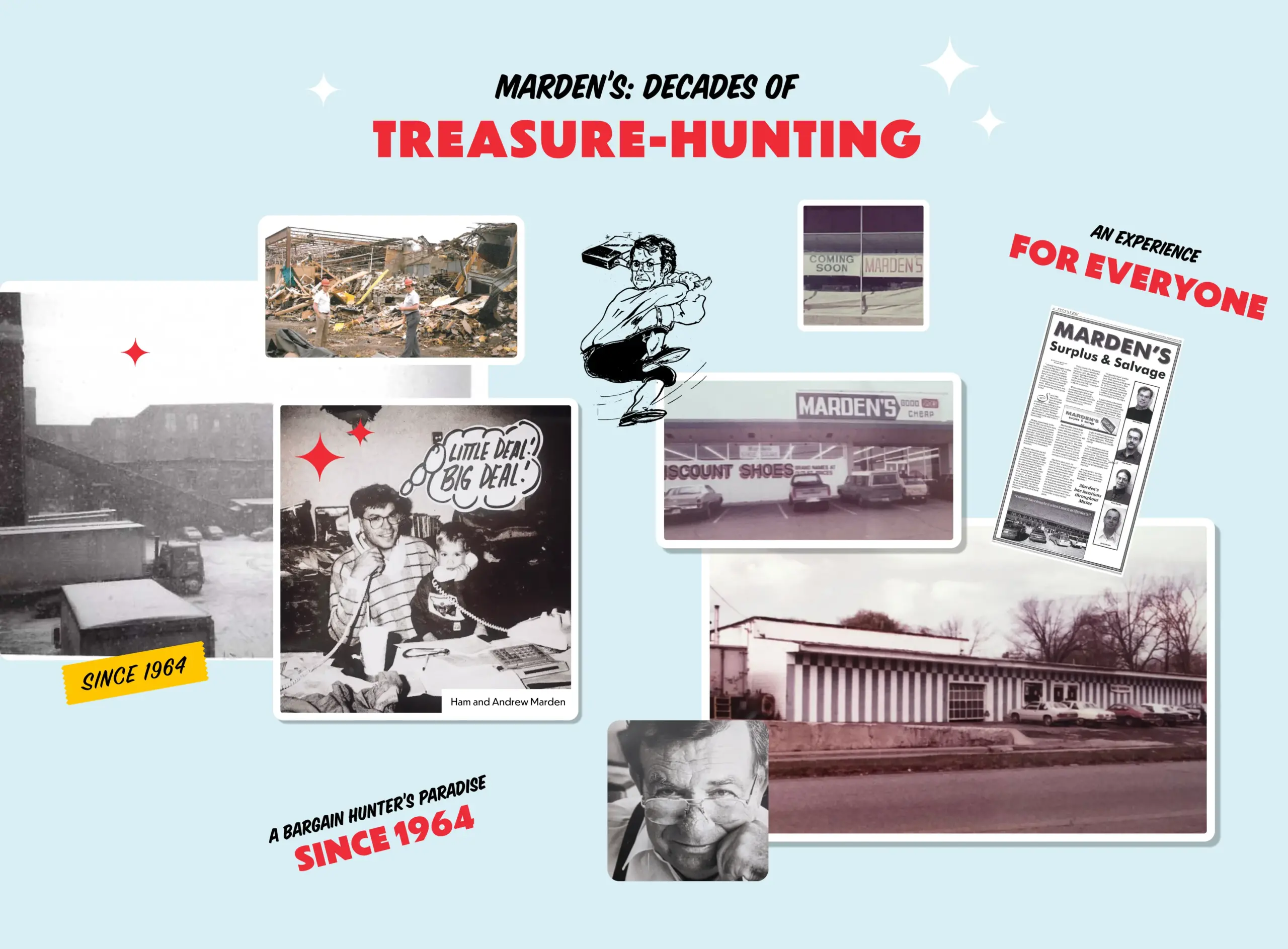 Collage of Marden’s historical photos and ‘Treasure Hunting’ theme, celebrating over 55 years of Maine retail heritage, reimagined by a Maine marketing agency