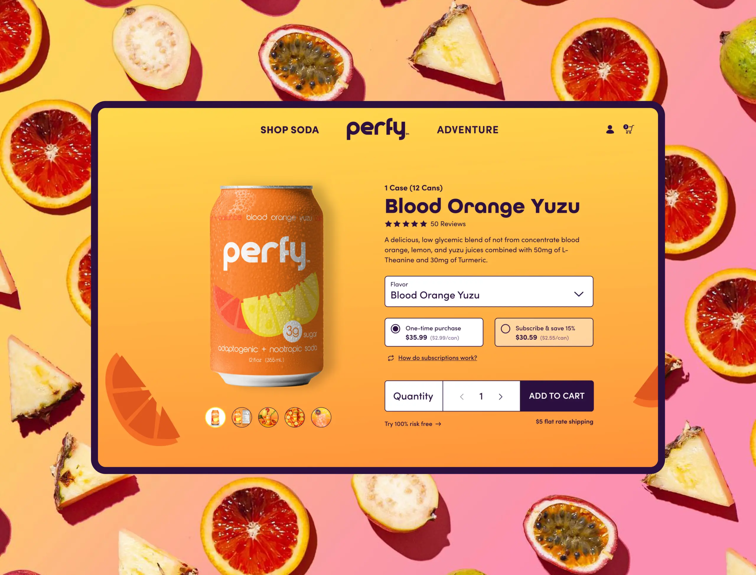 Single shot of Perfy's product detail page buy section UI design