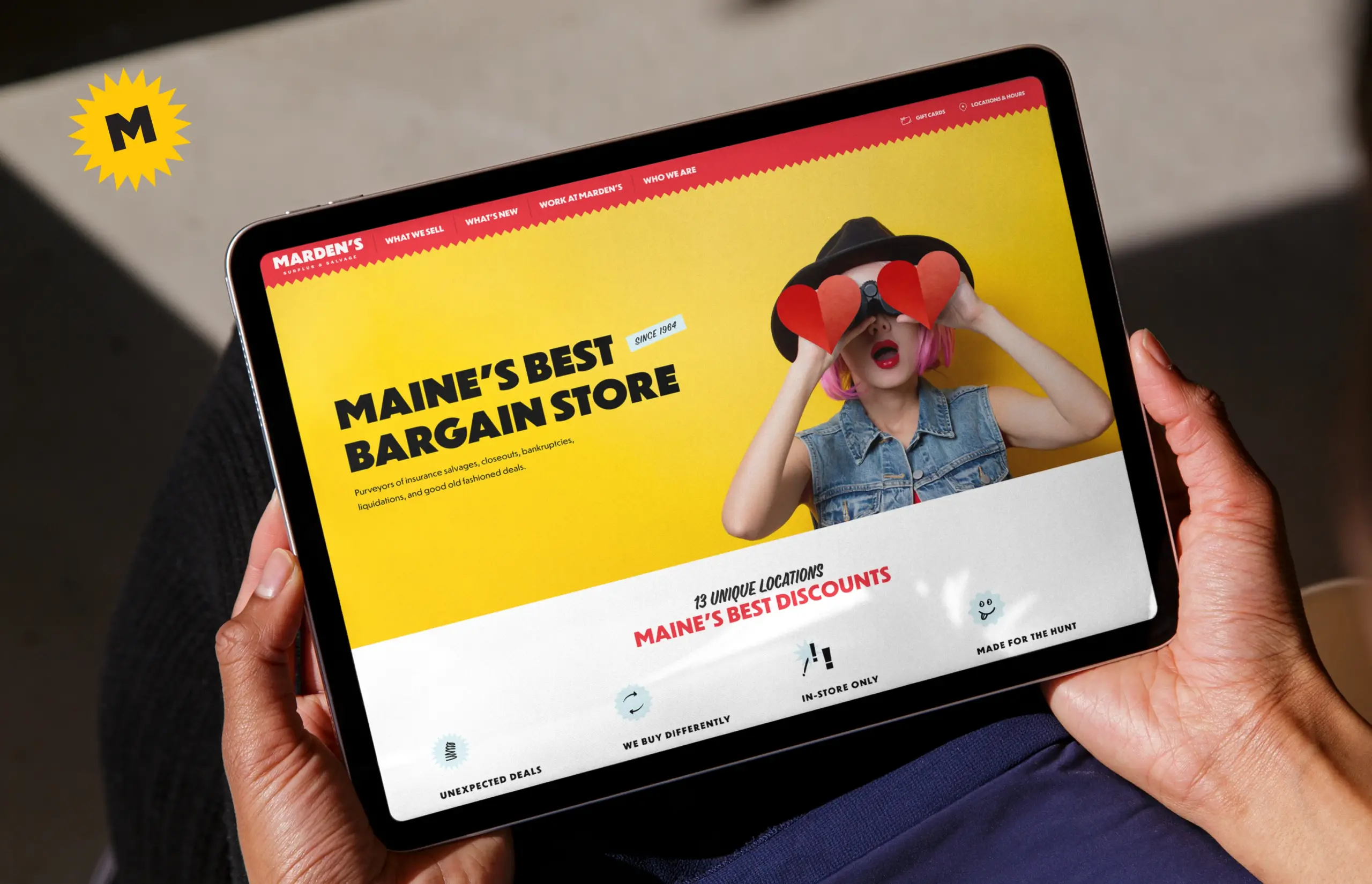 Marden’s refreshed website on a tablet, highlighting Maine’s best bargain store with bold branding and vibrant design by a Maine retail marketing agency