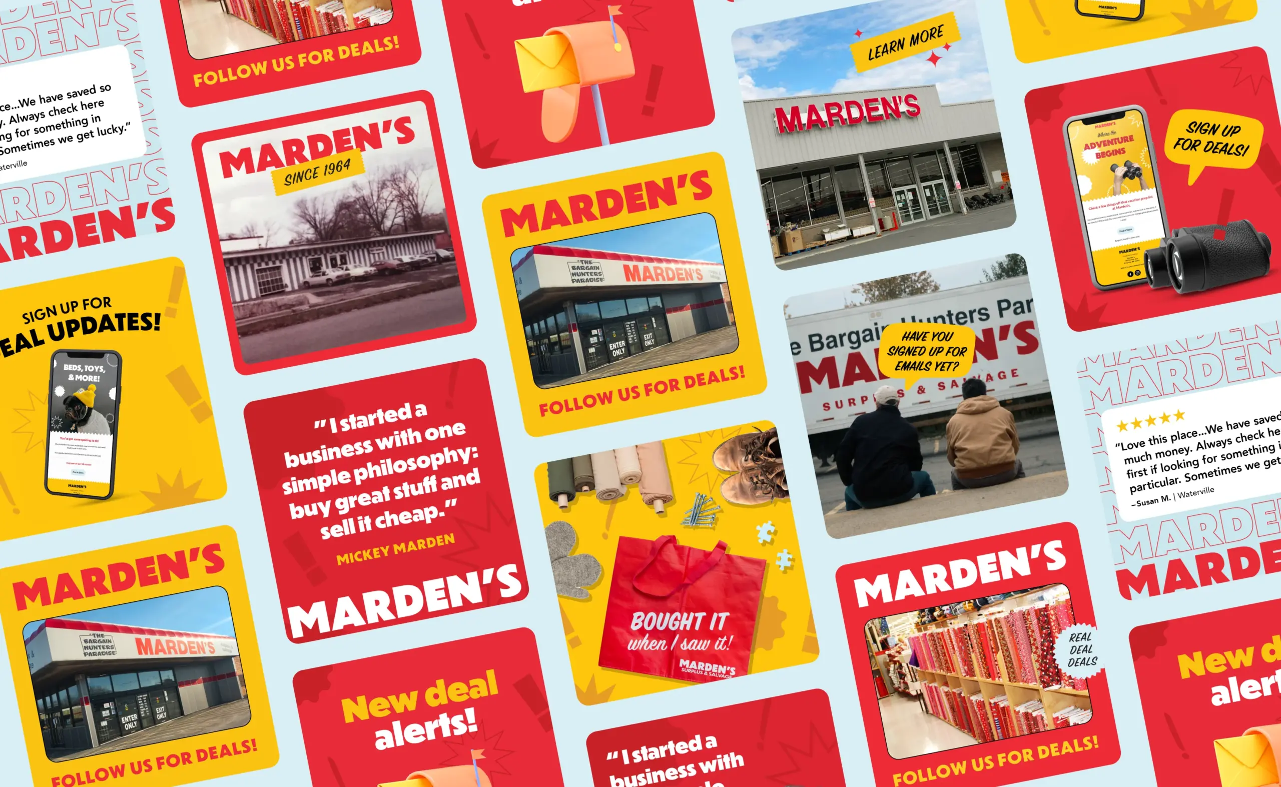 Marden’s promotional graphics with customer reviews, store photos, and quirky ad designs, created to engage audiences by a Maine retail marketing agency
