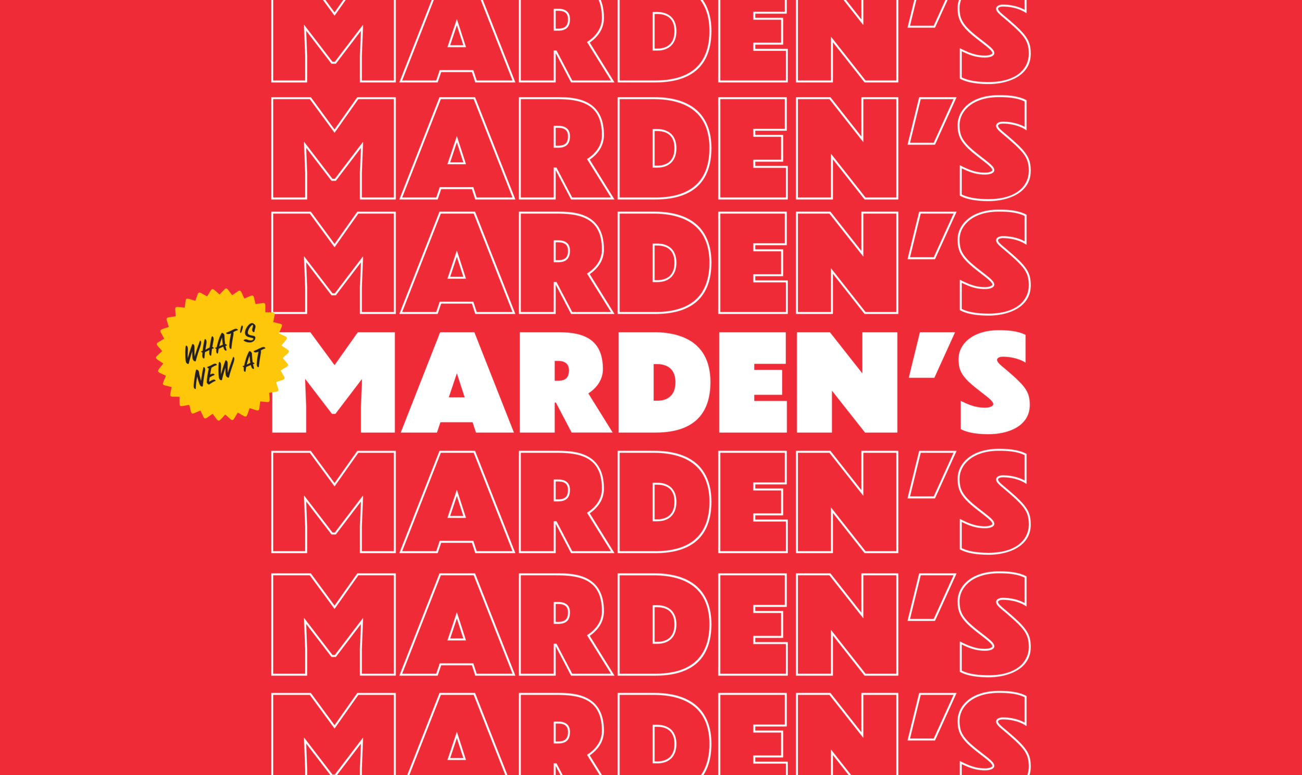 Bold Marden’s logo repeated on a vibrant red background, showcasing the refreshed brand identity by a Maine retail marketing agency