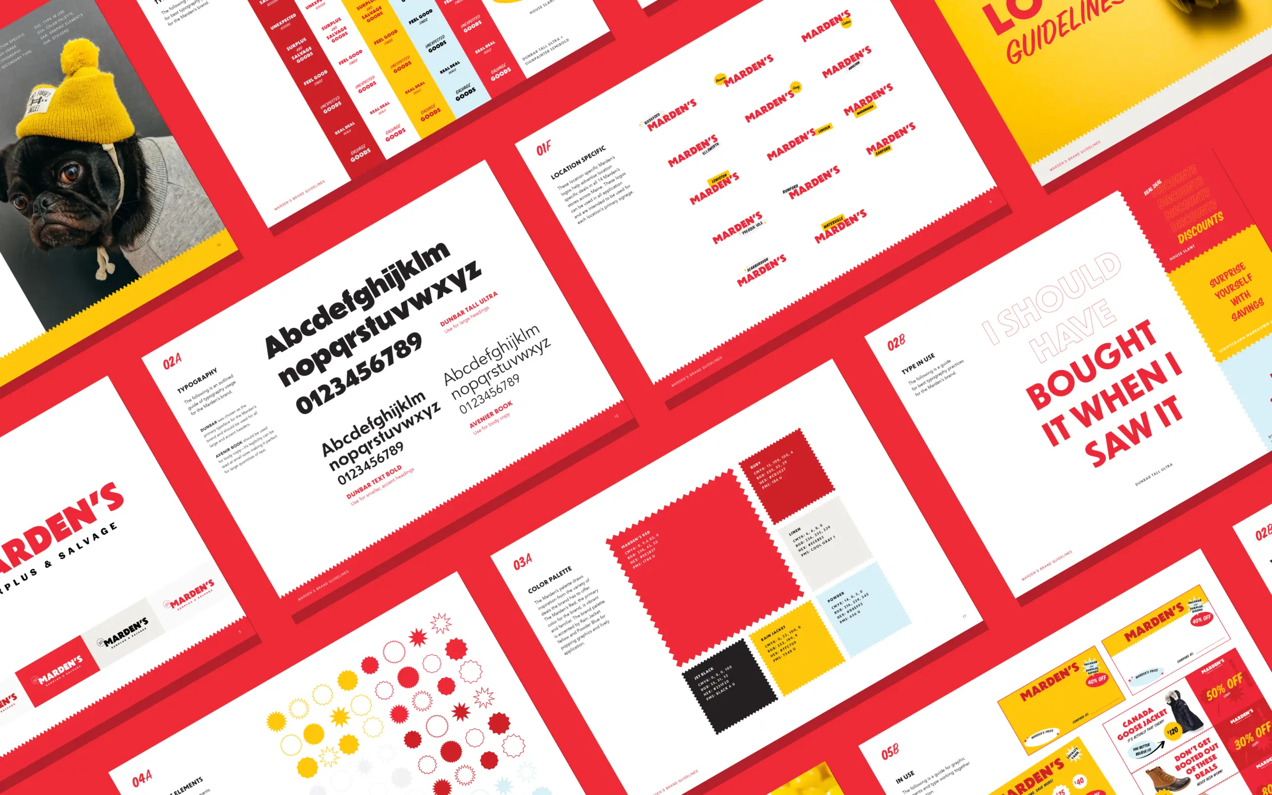 Marden’s refreshed brand guidelines featuring typography, color palette, and logo updates, created by a Maine retail marketing agency for modern appeal
