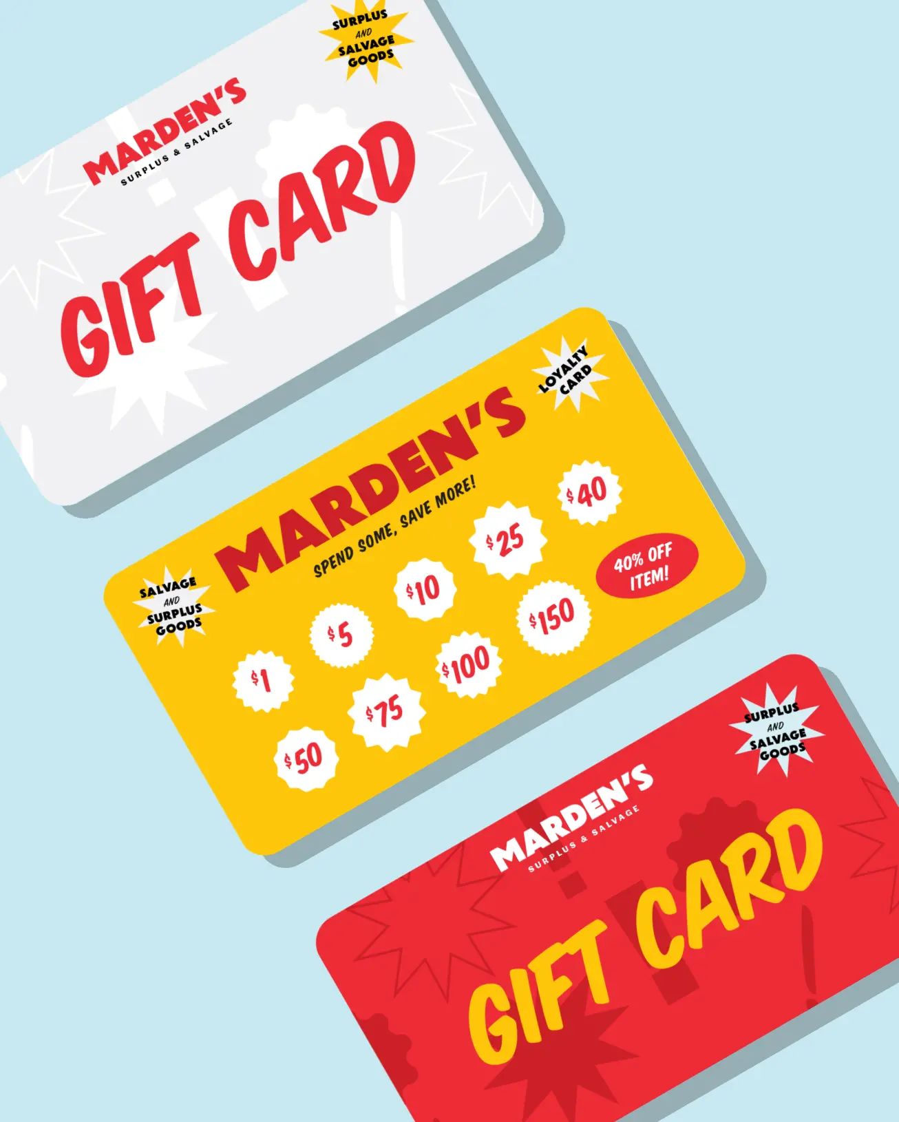 Marden’s gift card designs in red and yellow, reflecting the retailer’s quirky and vibrant branding, crafted by a Maine retail marketing agency