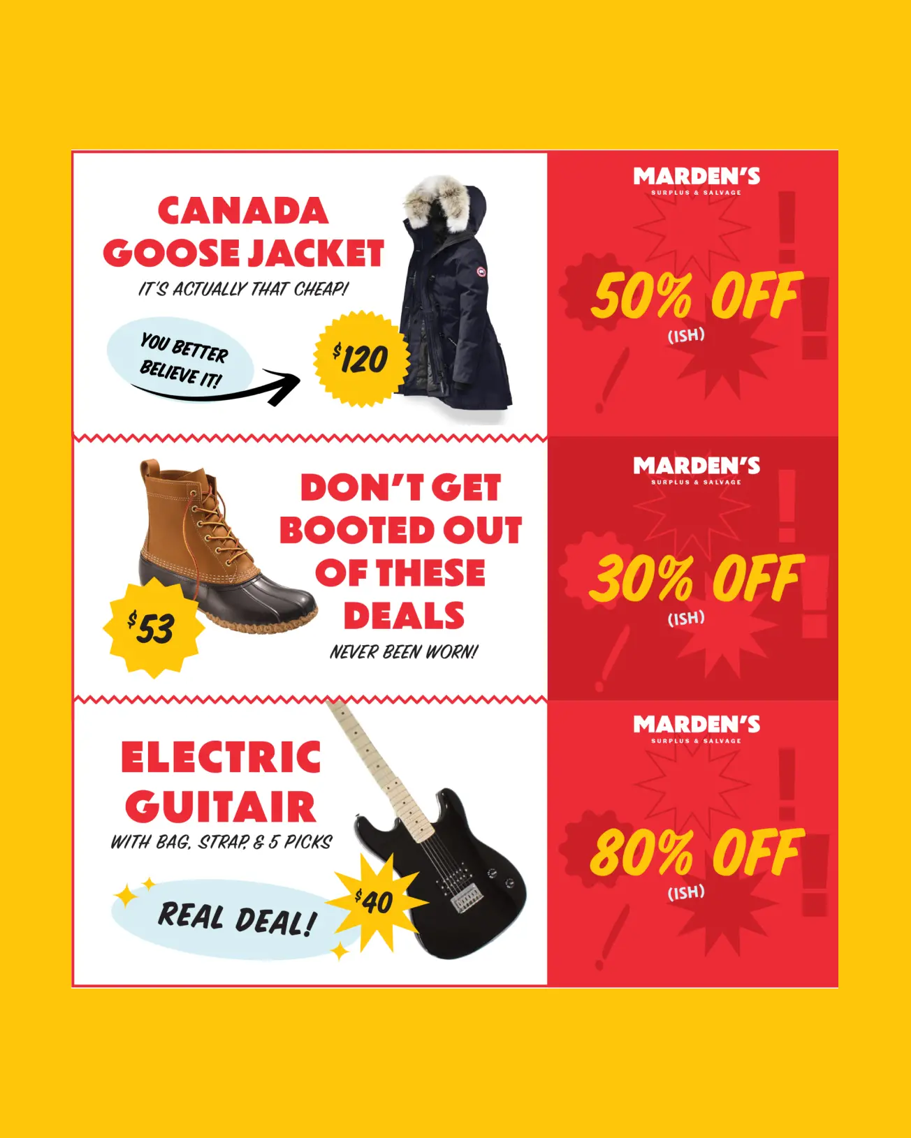 Marden’s digital ad promoting steep discounts on items like jackets, boots, and guitars, part of a data-driven retail marketing campaign