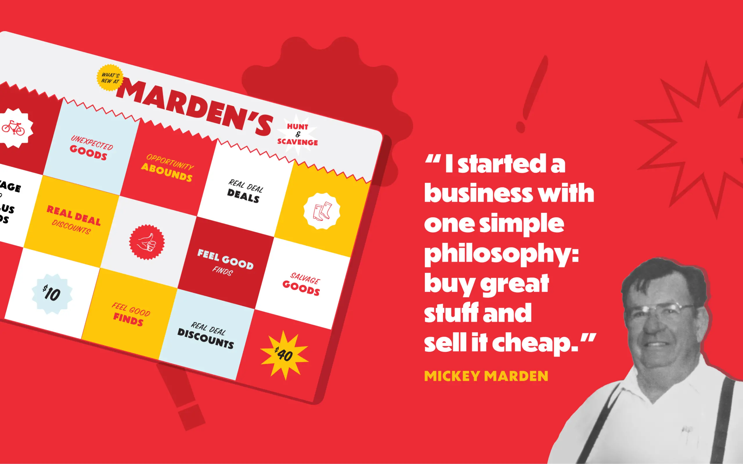 Marden's brand design and Mickey Marden quote that says "I started a business with one simple philosophy: buy great stuff and sell it cheap." 