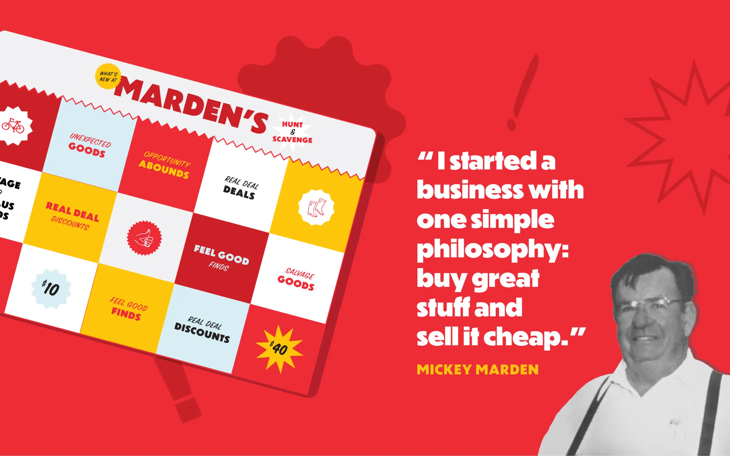 Quote from Mickey Marden alongside brand design elements: ‘Buy great stuff and sell it cheap,’ showcasing the retailer’s Maine legacy and rebranding efforts