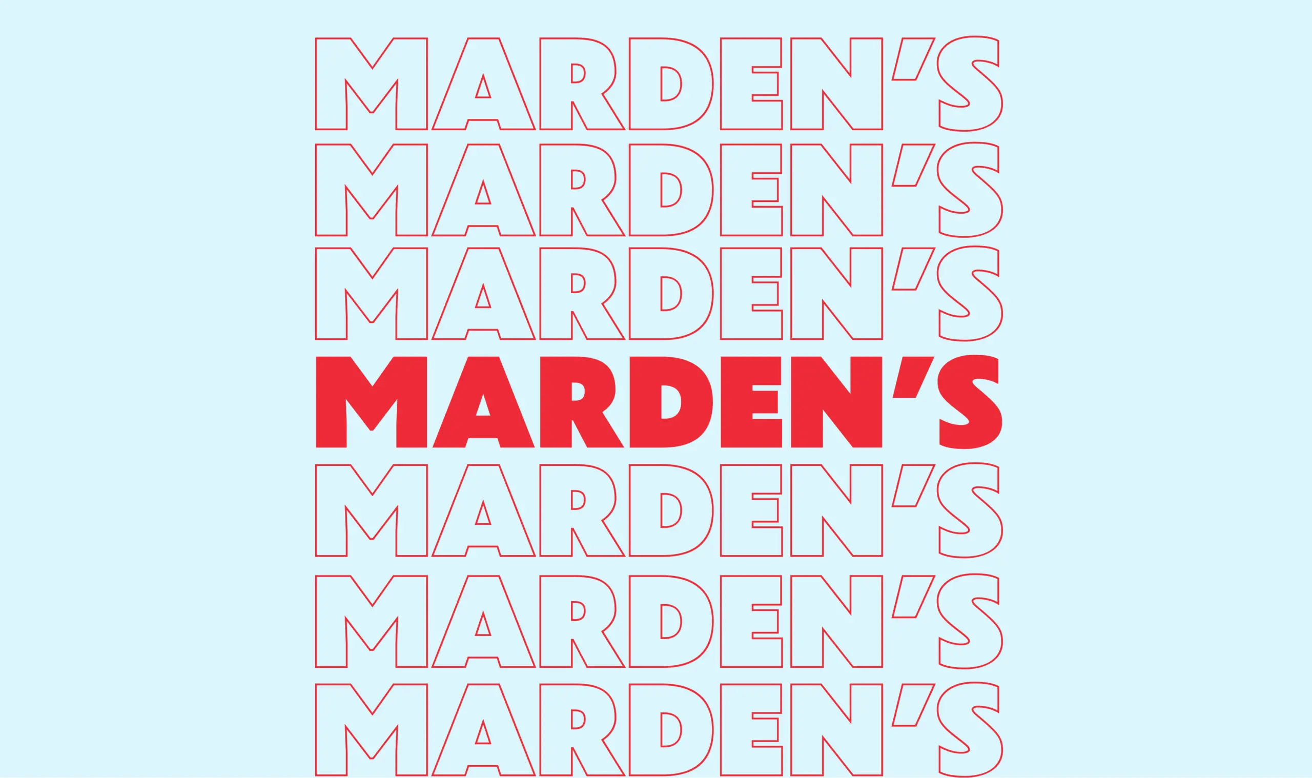 Marden’s bold red logo repeated on a light blue background, reflecting the retailer’s vibrant branding update by a Maine-focused marketing agency