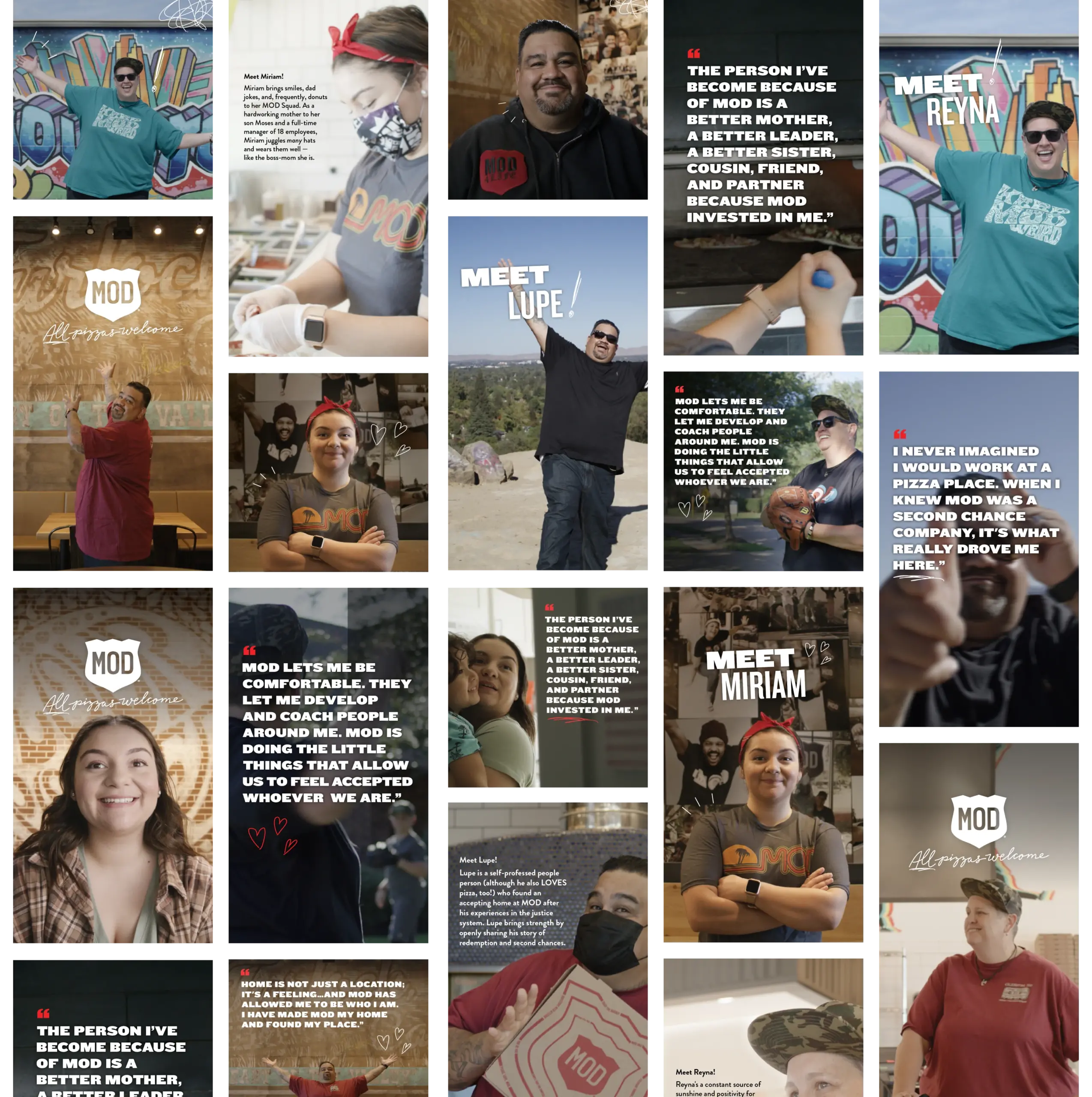 Photo grid displaying MOD Pizza employees and quotes about working for the company