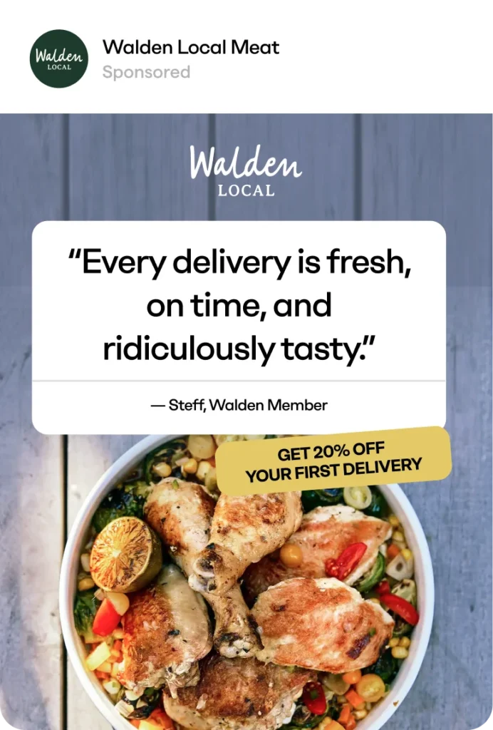 Ecommerce marketing agency-designed social ad with grilled chicken, veggies, and customer quote.