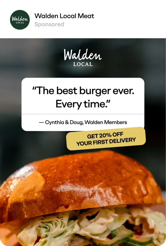 Burger-focused Walden Local social ad with discount offer, customer review, and product shot.