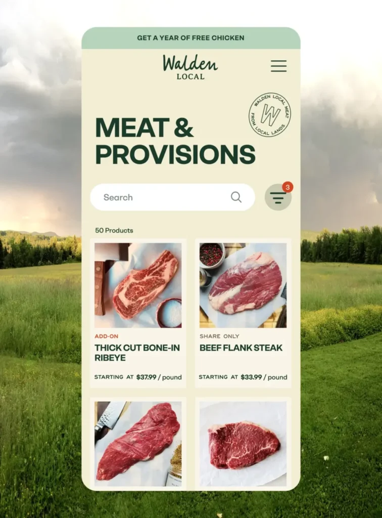 Screenshot of Walden Local product listing on mobile, with green pasture background.