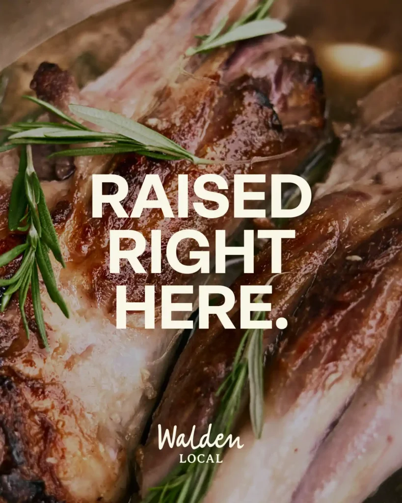 Cooked meat close-up with herbs, overlaid with "raised right here." and Walden Local logo.