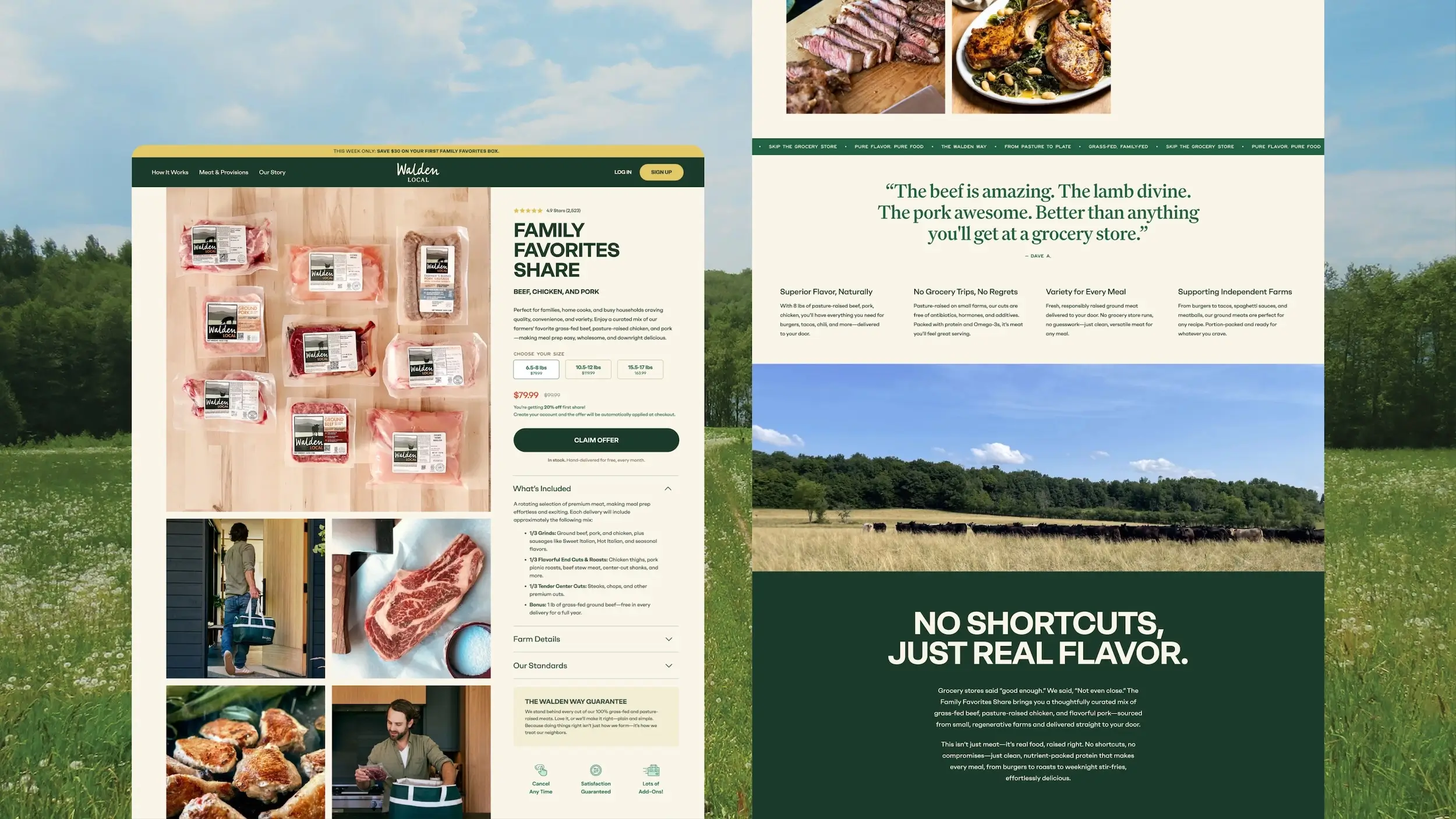 Desktop screenshots of Walden Local site, set against a green field and blue sky, by ecommerce marketing agency Anchour.
