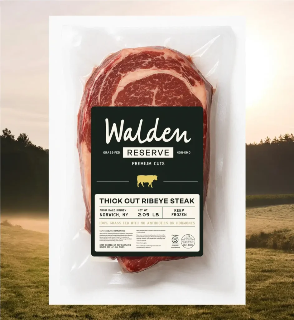 Premium Walden Reserve ribeye steak packaging designed by food & beverage branding agency.