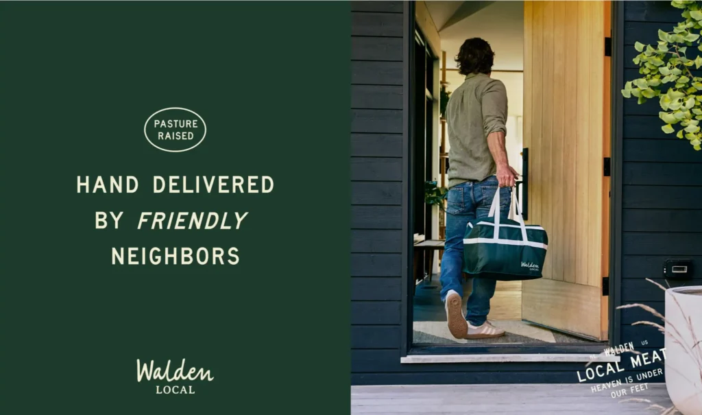 DTC delivery branding image showing Walden Local tote bag and message "hand delivered by friendly neighbors".