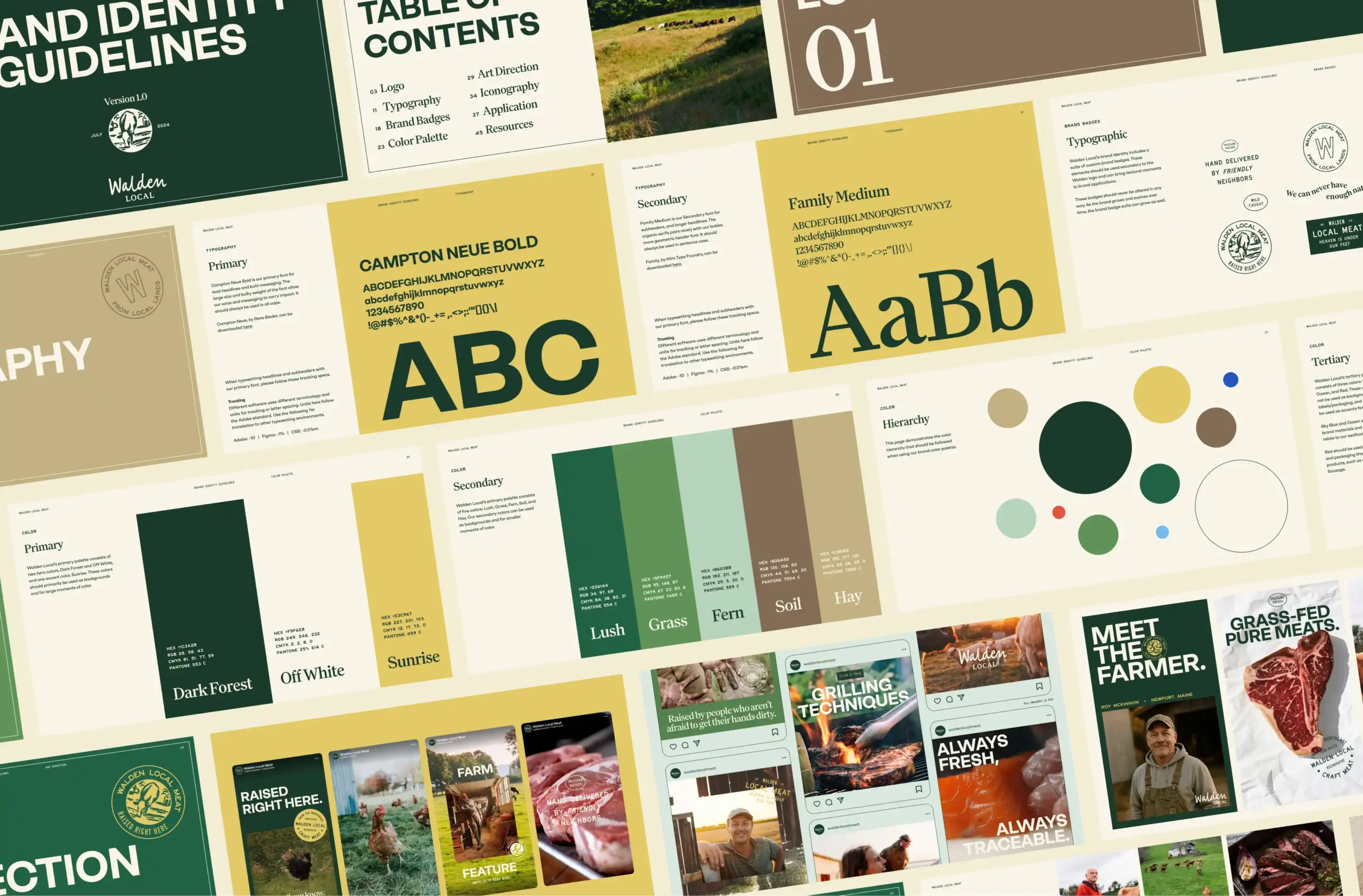 Flat lay of updated Walden Local brand guidelines by food & beverage branding agency.