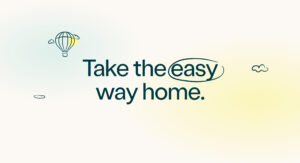 Text reads Take the easy way home. with easy circled. There’s a simple drawing of a hot air balloon and a small cloud on a light background.