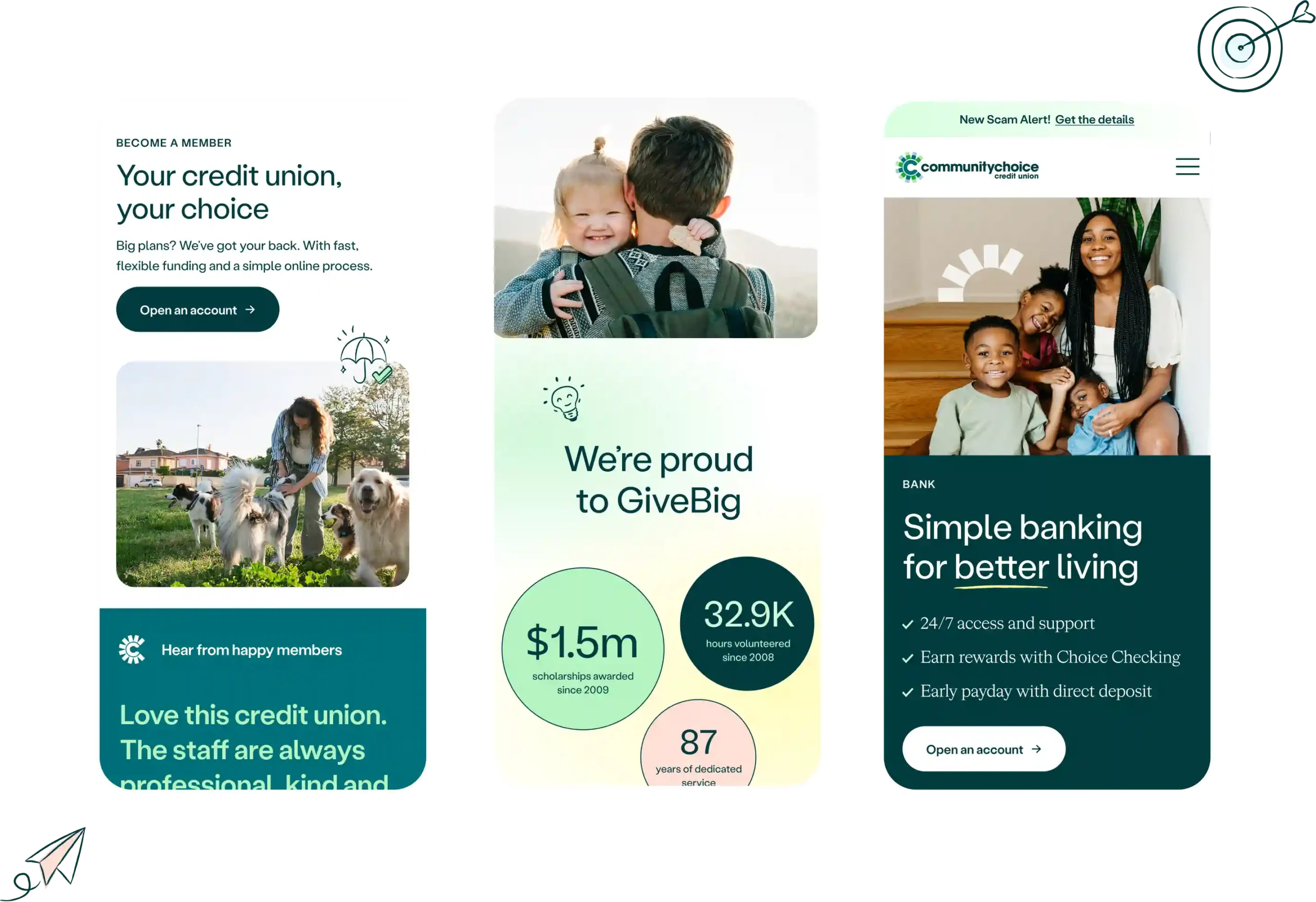 Three mobile banking app screens display account options, donation statistics, testimonials, and images of diverse families and individuals.