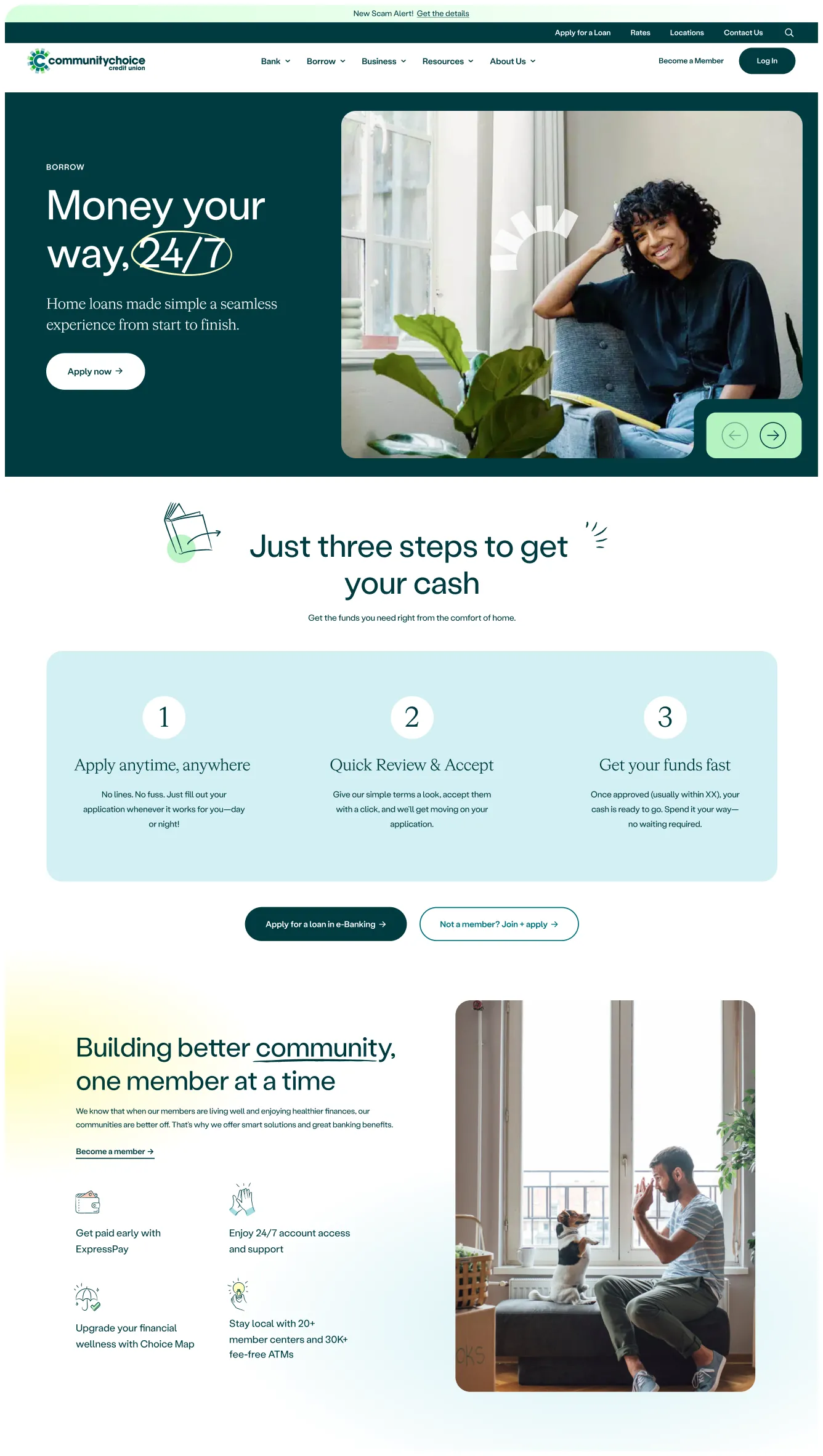 A bank website page features a smiling woman on a couch talking on her phone, with sections explaining online loan application steps and benefits, plus an image of a person using a laptop near a window.