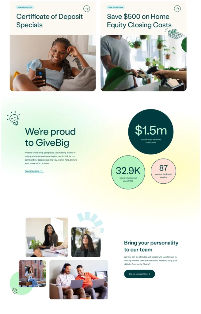 A woman on a couch using a phone, two people meeting over documents, statistics on a green background, and diverse people smiling and working together.