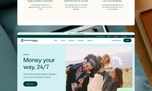 A laptop screen displays a website for Community Choice, featuring a banner image of friends outdoors and text promoting 24/7 home loans with an “Apply now” button.