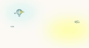Minimalist illustration of a hot air balloon and small clouds floating on a light background with blue and yellow gradient areas.