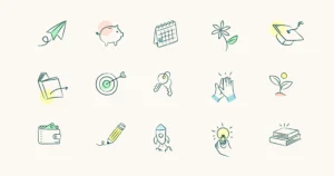 A set of 16 hand-drawn icons including a paper airplane, piggy bank, calendar, flower, graduation cap, open book, target, keys, clapping hands, seedling, wallet, pencil, rocket, lightbulb, and books.