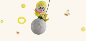 A doll with curly yellow hair, sunglasses, and yellow boots sits on a gray sphere, surrounded by popcorn and round snacks on a light background.