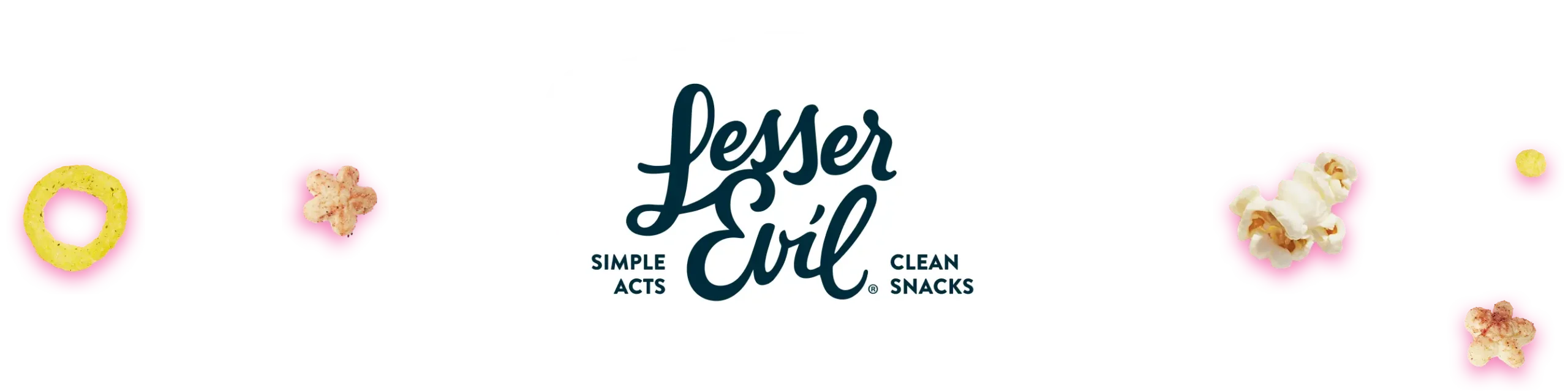 Lesser Evil logo with the tagline Simple Acts, Clean Snacks, surrounded by popcorn and pink frosted donut illustrations on a black background.