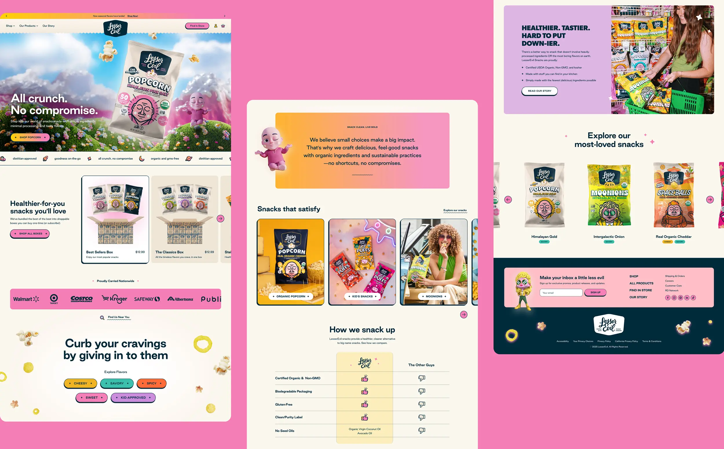 Website mockups for a snack brand featuring colorful snack packs, playful graphics, product info, testimonials, and a chart on snack benefits, set against a bright pink background.