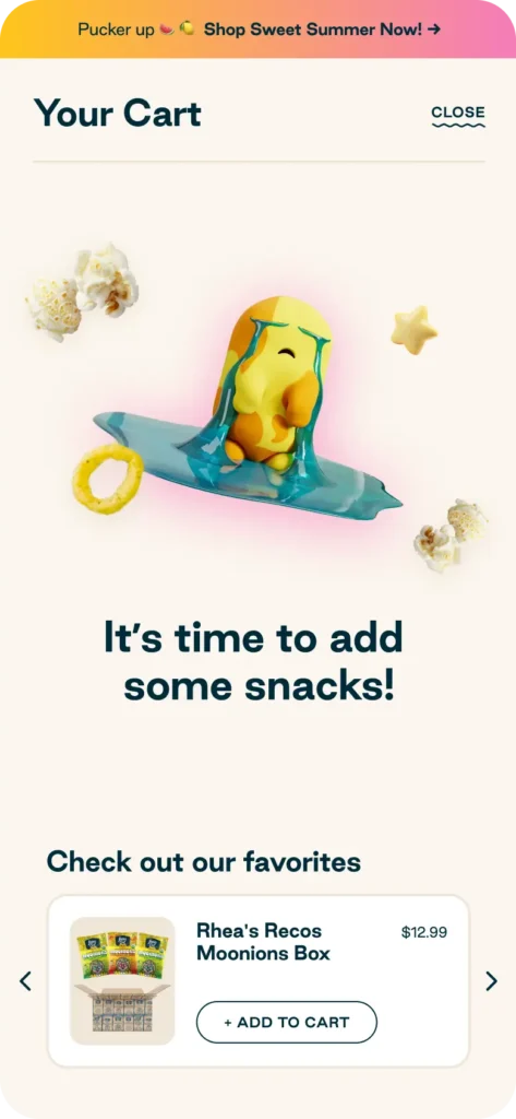 A colorful, melting character sits among snacks, with text saying, It’s time to add some snacks! and a featured snack box, Rhea’s Recos Moonions Box for $12.99.