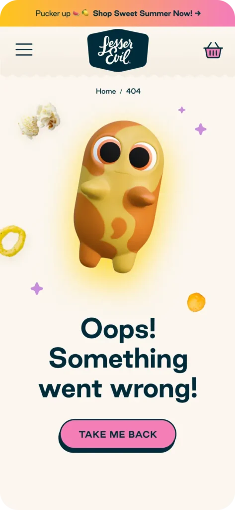 A cute, orange and yellow cartoon character stands in the center above the text Oops! Something went wrong! on a playful error page with snack pieces floating around.
