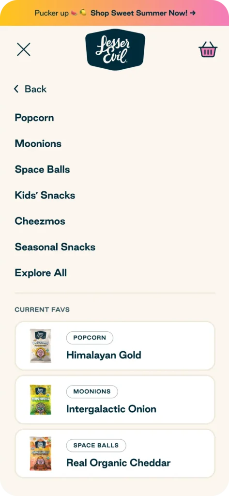 A mobile website menu for Lesser Evil shows snack categories like popcorn, Moonions, and Space Balls, along with a list of favorite snacks including Himalayan Gold and Intergalactic Onion.