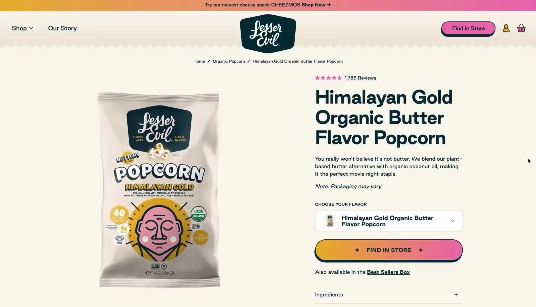 A product page for LesserEvil Himalayan Gold Organic Butter Flavor Popcorn, showing a popcorn bag on the left and product details with a “Find In Store” button on the right.