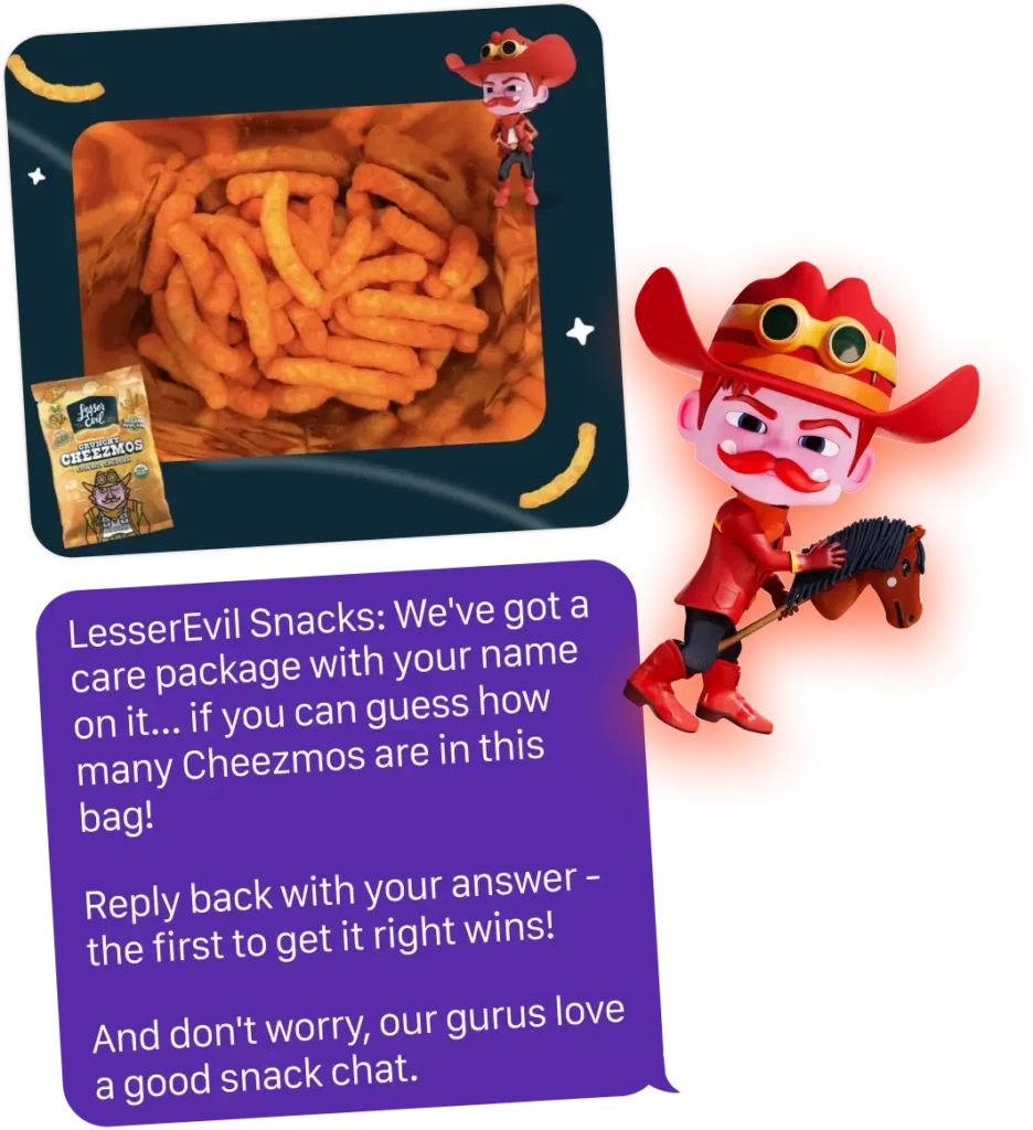 A bowl of cheese puffs, a cartoon character in red with a guitar, and a message inviting guesses on the number of Cheezmos in the bowl for a snack prize.