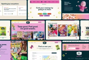 A collage of colorful website pages featuring snacks, cartoons, a store locator map, and playful graphics in pink, yellow, and teal tones.